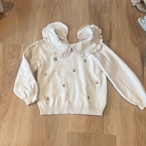 Zara Cream Peter Pan Collar Sweater with Floral Embroidery